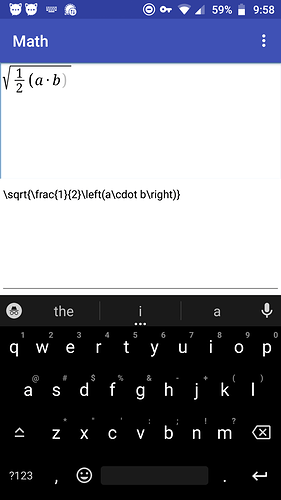 Screenshot of an Android app. On the top there is a math editor and on the bottom there is a text field with the LaTeX source from the math editor.