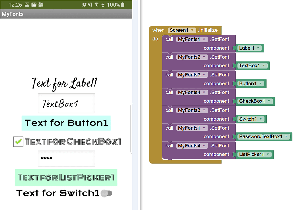 MyFonts → use your own custom fonts (a modified version of @Ken's YourFont  extension) - Extensions - MIT App Inventor Community